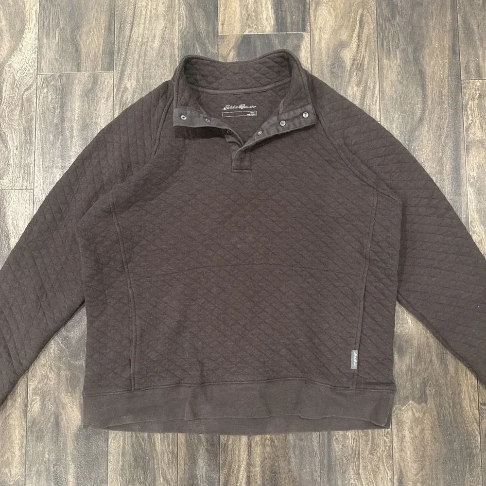 Eddie Bauer 1/4 Snap Button Pullover Sweater Quilted Collared Men's Size L Brown